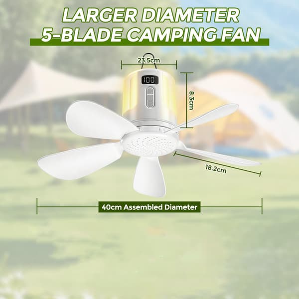 40 cm bærbar loftventilator med lys - til camping, udendørs aktiviteter, pavillon, terrasse, telt, parasol - hvid (kablet version) White Wired version
