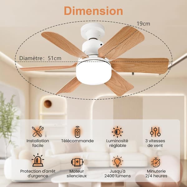 Loftventilator med lys, 51 cm træåre loftventilator med fjernbetjening, 3 hastigheder og dæmpbar LED Without socket base
