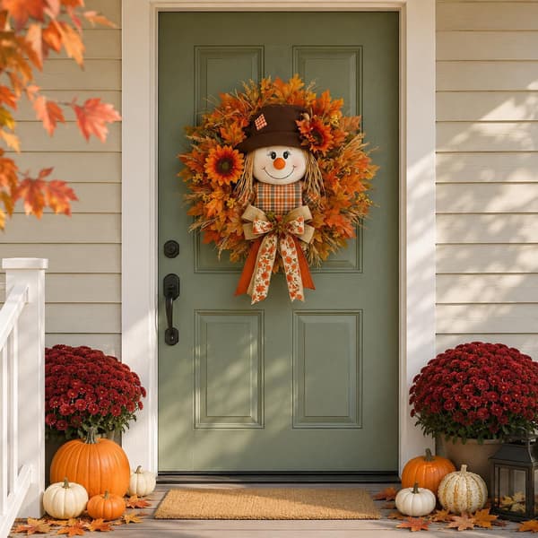 45cm Autumn Door Decoration with Scarecrow, Maple Leaves and Welcome Sign, Rustic Home Decor 45cm