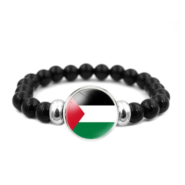 Palestine Time Jewel Lippukoristeinen rannekoru miehille ja naisille, mustat helmet