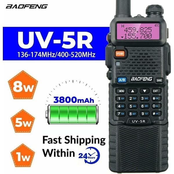 UV-5R 5W Walkie Talkie med 3800mAH batteri, høy effekt FM-radio, dobbeltbånd, 128 kanaler, kommunikasjonsoverføring, radio KLB