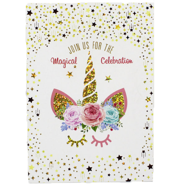 24 Unicorn Födelsedag Inbjudningskort stämplade Rainbow Star Kuvert Set (Kort 1)