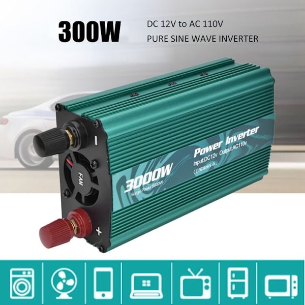 Aluminiumlegering DC til AC-omformer Intelligent Sinusbølge Inverter Reparation Power Inverters 300W 12V til 110V