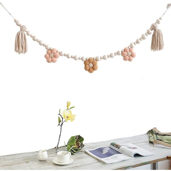 Boheemi Tassel-koriste puuhelmillä, Daisy-puutassel-koriste, Pastellinen Tassel-koriste maalaistalon seinälle, luokkahuoneeseen