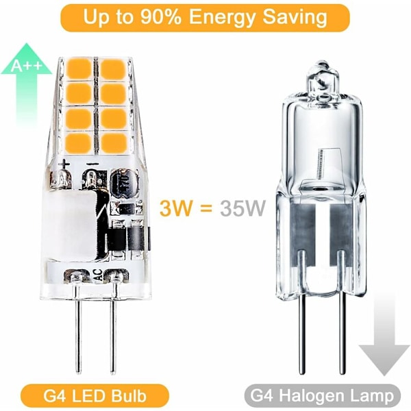 G4 LED-lampa 12V, 3000K Varmvit, 3W Motsvarande 35W G4 Halogenlampa, 300 Lumen, Ej Dimbar, 10-pack {XW}