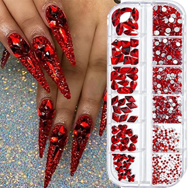 735 Stykker Røde Negle Rhinestones til Akrylnegle Røde Sten til Negle Krystaller 3D Negle Diamanter Dekoration Håndværk DIY (Rød)