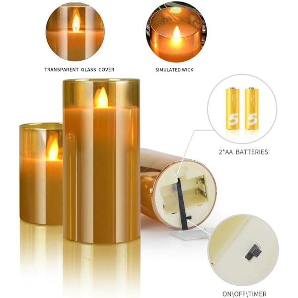 10, 12,5 och 15 cm (4, 5 och 6 tum) Flamlösa LED-blinkande ljus med fjärrkontroll och timer, set om 3, batteridrivna elektriska ljus