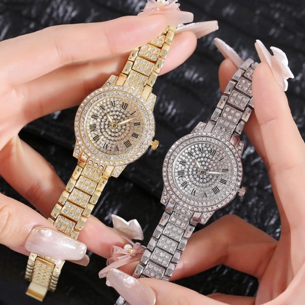 Watch herr och dam All Diamond klocka+ armband dam vintage romersk watch (silver)