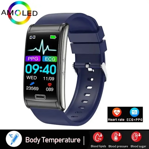 Ny E600 Blodsukker Pulsmåler Blodtryksmåler Sundheds ECG+PPG Smart Watch IP68 Vandtæt Sports Smartwatch Blue