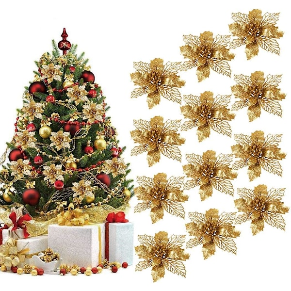 12-pack Juldekoration Blommor, Glitter Konstgjorda Julblommor, Julblomdekorationer, Snöflingdekoration för Julgran