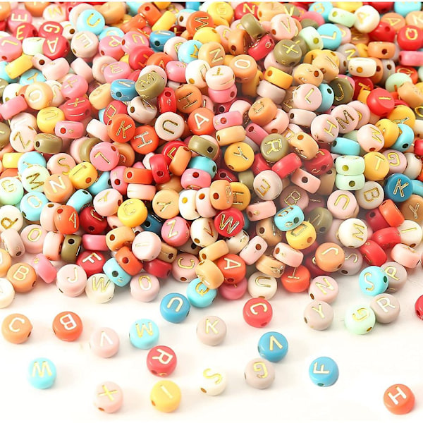 1000 alfabetperler, akrylperler, 4x7 mm guld alfabet A-Z