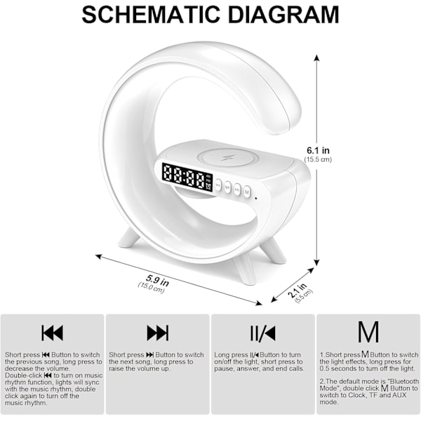 Promotion Sunset Alarm Clock med Bluetooth Højttaler, Trådløs Oplader, RGB Farveskift, Stemningsbelysning til Soveværelse (Hvid)