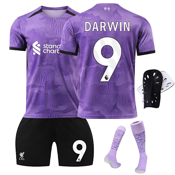 2023-2024 Liverpool 2. udebanesæt til børn med sokker og knæbeskyttere - Nr. 9 DARWIN#20 Nr.9 DARWIN No.9 DARWIN #20