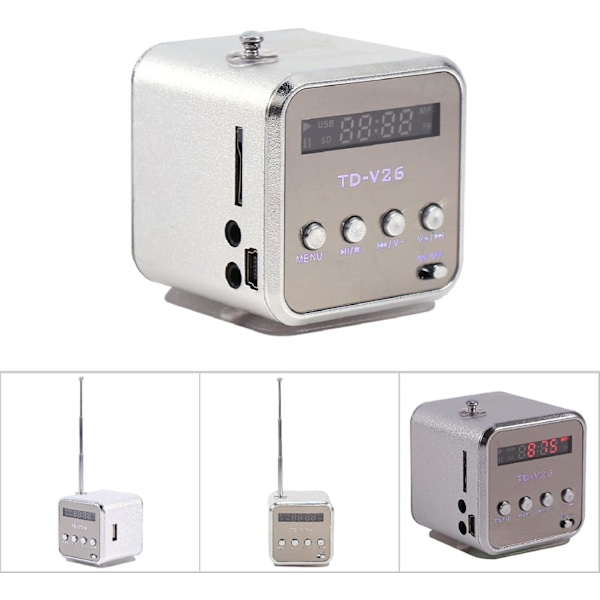 Kannettava radio, Radio Halpa TD V26 Pienet radiot Taskuradio Paristoradio Mini kaiutin Musiikkisoitin FM-radio PC Muoti Tukee TF-korttia ja U-levyä Silver