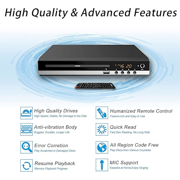 DVD-spelare för TV med HDMI, DVD-spelare som spelar alla regioner, CD-spelare för hemmastereosystem, HDMI- och RCA-kabel ingår