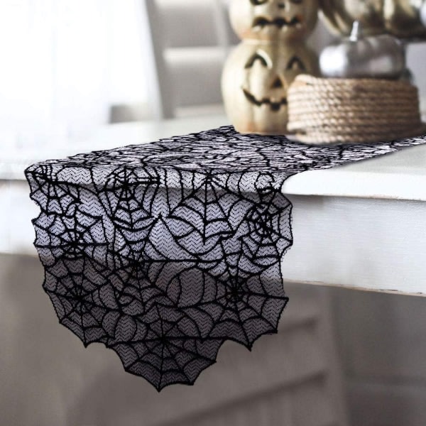 80" × 20" polyester spets Halloween bordslöpare, stor svart spindelnät bordslöpare för halloweenmiddagar och spöklik film Nattduksbordsdekoration
