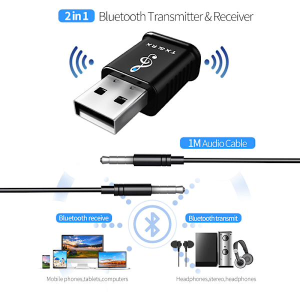 1 USB5.0 Bluetooth-lähetin ja -vastaanotin tietokoneelle, televisiolle ja digiboksille