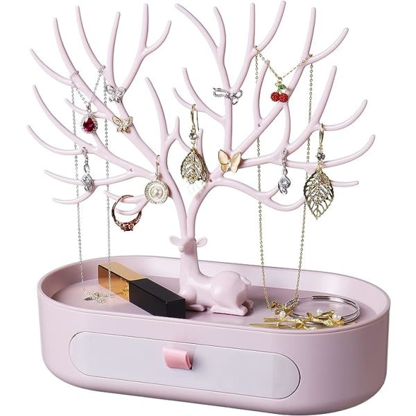 Smyckesträd, plastsmyckesträd med lådor, smyckeshållare för örhängen, halsband, armband, klockor och ringar (rosa)