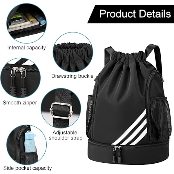Vattentät dragskoväska för barn och vuxna, stor dragsko gymväska, sport dragsko gymryggsäck, unisex PE-väska med skofack {XW} Black