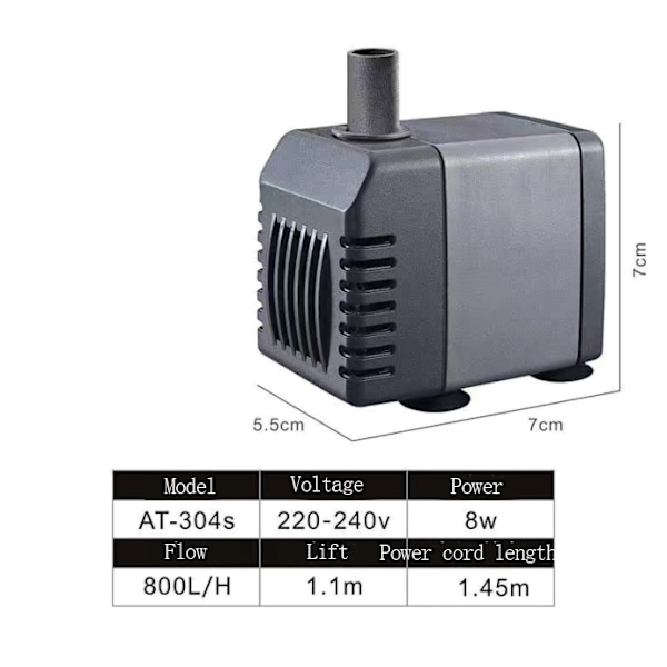 Submersible pump, small pumping and ultra-quiet water exchange circulation pump (AT-304S,8W),