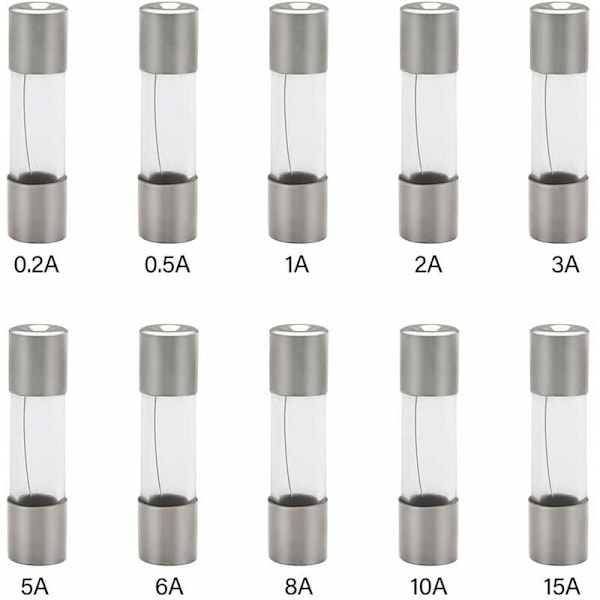 100 stk 5X20 mm rørforsterkersett med forskjellige sikringer 0,2A, 0,5A, 1A, 2A, 3A, 5A, 6A, 8A, 10A, 15A