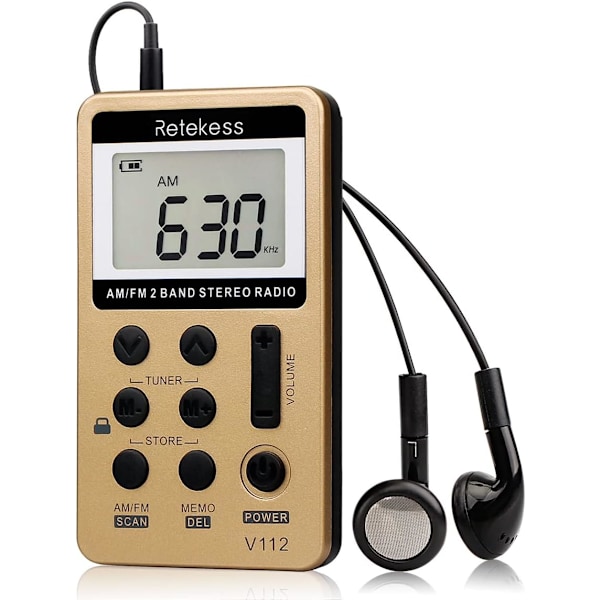 (Gold)V112 Portable Mini Radio, Rechargeable FM AM Radio, Walkman