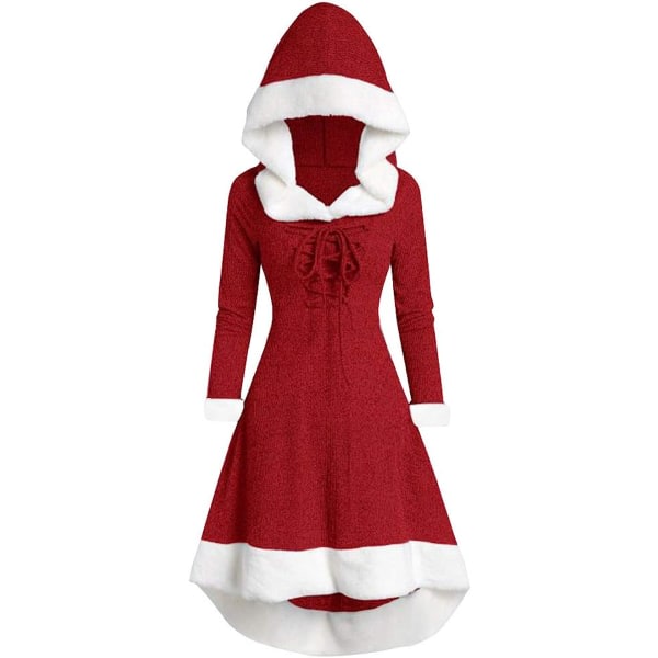 Vintage Women's Winter Christmas Long Sleeve Patchwork Hood Party Dress