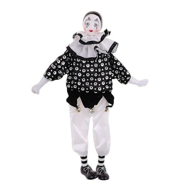 15-tommers porcelænsklovnedukke klædt i hvidt og sort outfit, sjov harlekindukke, cirkuspro