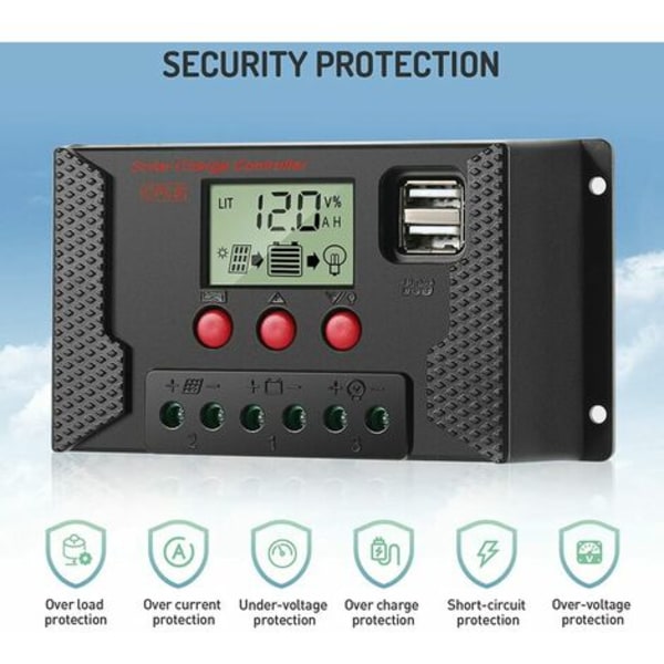 Laderegulator 30A Solpanel Laderegulator Automatisk identifikation 12V/24V med LCD-display og 5V USB-port Bla