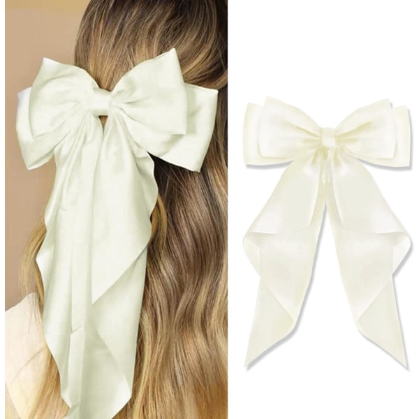 2 ST Big Bow hårklämmor med lång silkeslen satin, enfärgad fransk hårspänne Enkla tillbehör för hårfästen för kvinnor, flickor