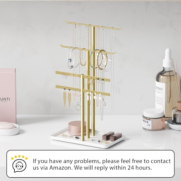Smyckesställ Organizer: 14,5 tum Stabila Smyckeskrokar för Halsband, Örhängen, Armband, Guld och Vit