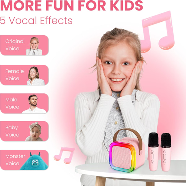 Karaokemaskin for barn og voksne, bærbar Bluetooth mini karaokemikrofon sanghøyttaler med 2 mikrofoner og lys, leker Pink