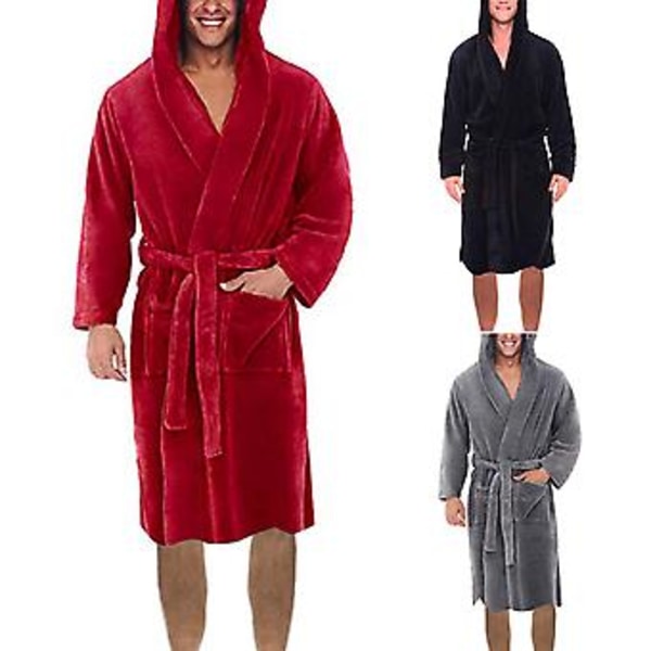 Langermet Lommebelte Ensfarget Herre Badekåpe Vinter Varm Hette Lang Fleece Morgenkåpe Nattøy (M Rød)