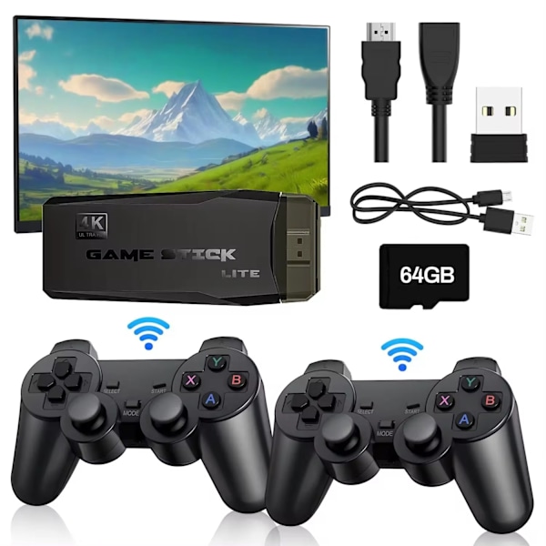 2024 Uusi Retro Pelikonsoli 20 000+ Peliä 4K HDMI Sisältää 2 Langatonta Ohjainta Musta Musta Black cable