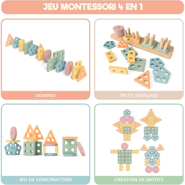 Montessori Staplings- och Sorteringsleksaker 1 2 3 år - Aktivitets- och Utvecklingsleksak i trä med Pastellfärger - Montessorilekar för 1-åringar