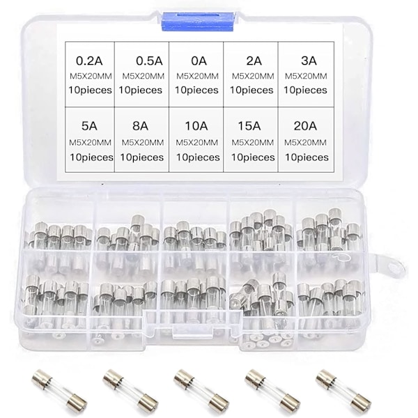 100 pcs fine fusible glass fuses, 5 x 20 mm, assortment with storage box, 0.2 A-20 A