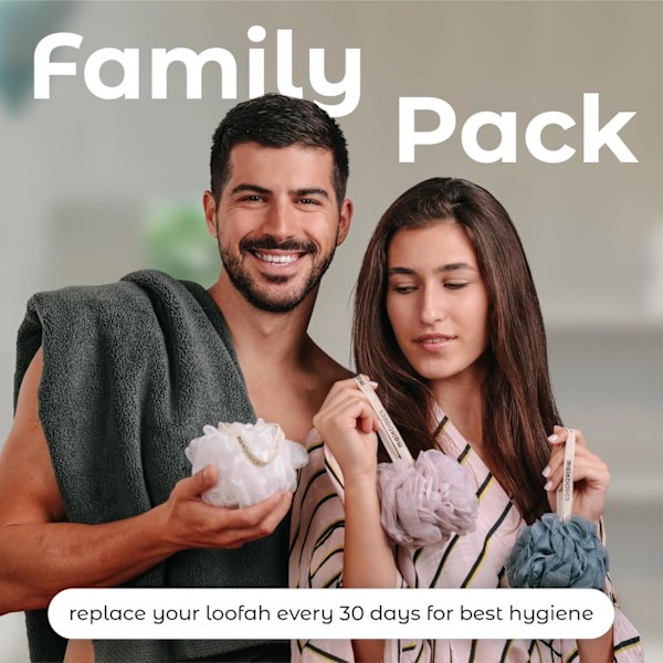 Bad- och duschloofahsvamp, kroppsskrubb, exfoliator, kroppstvålssvamp (3-pack, Airy Blossom)