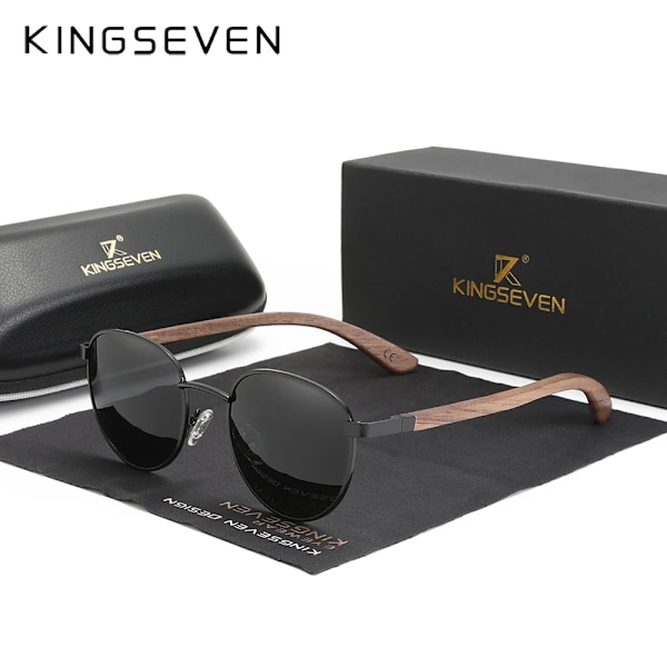 KINGSEVEN 2022 Nye Håndlavede Runde Solbriller i Valnøddetræ til Mænd og Kvinder Polariserede Spejl Solbriller Herre Steampunk Solbriller Oculos Sort Black Original