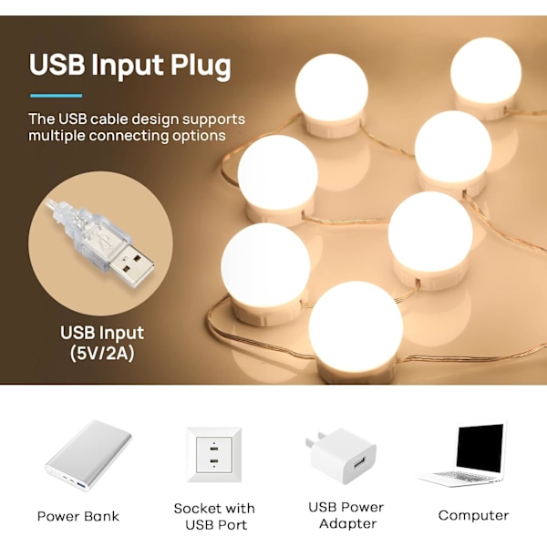Speilkommode Lys Hollywood-stil Stripe 14 Dimmbare Pærer, USB-kabel