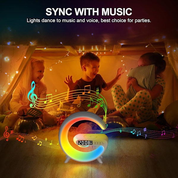 Promotion Sunset Alarm Clock med Bluetooth Højttaler, Trådløs Oplader, RGB Farveskift, Stemningsbelysning til Soveværelse (Hvid)