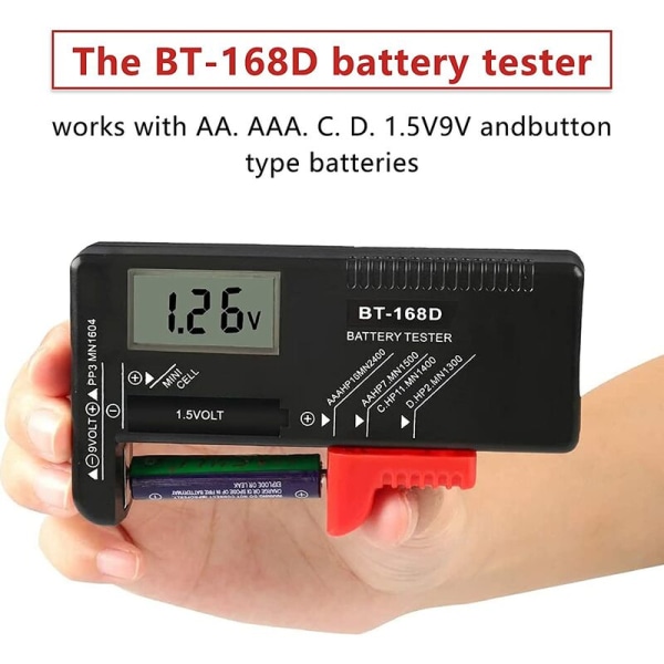 Digitalt batteritester, Universal batteritester, Batteritester, for AA, AAA, C, D, PP3, 9V, 1.5V, knappcellebatterier - Fungerer uten batterier