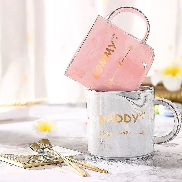 2-pak Mor og Far Krus 350ml Gave til Nye Forældre Baby Shower Mors Dag Fars Dag Marmoreret Keramisk Kaffekop S
