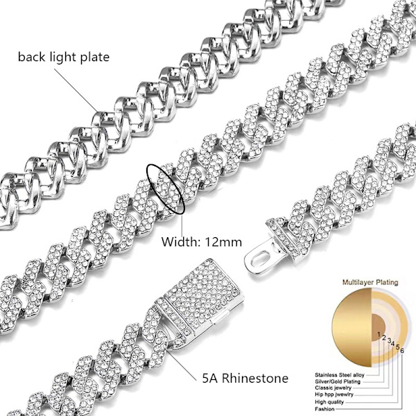 Cubansk lenkearmbånd for kvinner Diamant Miami Cubansk armbånd 12mm Rosa krystall Gull Sølv Iced Out Armbånd Bling Hip Hop Smykker for kvinner Gave