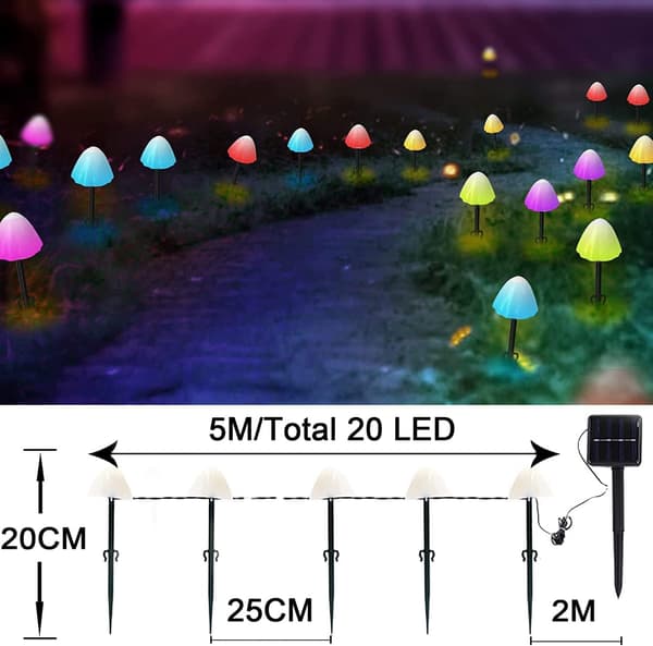 Solcellepaneler 5M 20 LED Sopp Solcellelys, Utendørs Vanntett Sopp Solcelledekorasjon (YH) coloured