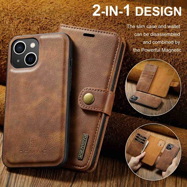 DG.MING iPhone 15 2-i-1 Magnetfodral / Skal Brun