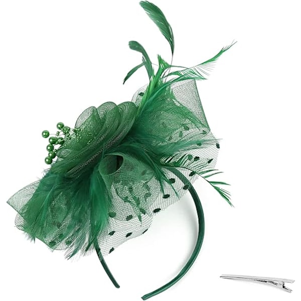 Fascinator hatt for kvinner, damer, bryllup, fascinatorer, teselskap hatt, flapper hatt, Ascot konkurranse hatt, fjærblomst (mørkegrønn) dark green