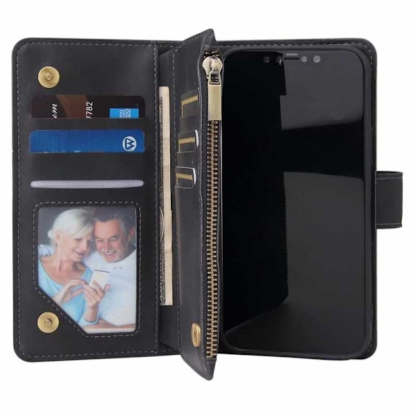 iPhone 12/12 Pro Multifunktionel Wallet Case med Lynlås og 8 Rum Burgundy 150
