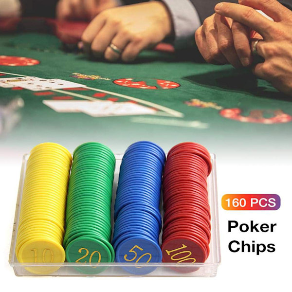 160 stk. plastik pokerchips værdi 10 20 50 100 store tal til chips mønter brætspil chips