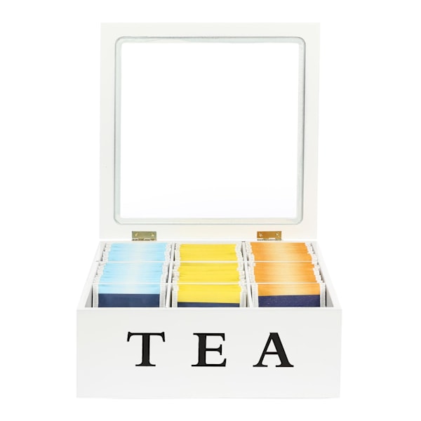 Te-boks i tre med 9 rom og displayvindu - Oppbevaringsboks for teposer hvit - 23 x 23 x 9 cm