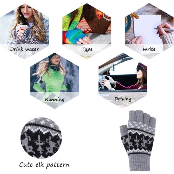 Fingerlösa handskar - Thermal Varma mjuka stickade vantar Kallt väder Vindtät utomhussport Körning, skidåkning, löparpresent till familjen (grå)